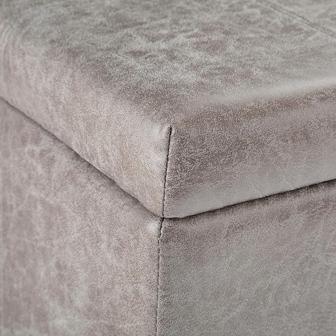 SIMPLIHOME Dover Storage Ottoman Bench - 36 inch Wide Upholstered Vegan Leather Rectangular Lift-Top Ottoman in Distressed Grey Taupe, Contemporary Bench for Living Room with Safety Hinges