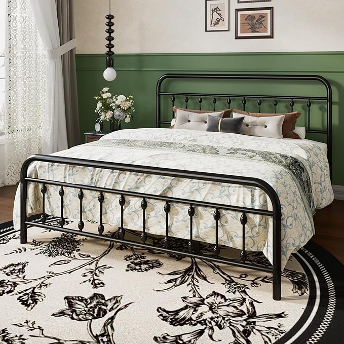 SHA CERLIN King Size Metal Platform Bed Frame with Victorian Style Iron-Art Headboard and Footboard, Easy Assembly, Under Bed Storage, No Box Spring Required, Black