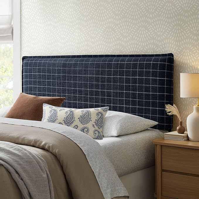 Modway Camille Queen Size Checkered Linen Blend Plaid Headboard with Removable Slipcover – in Denim Windowpane Check - Padded Pillow Style Headboard with Adjustable Mounting for Queen Beds