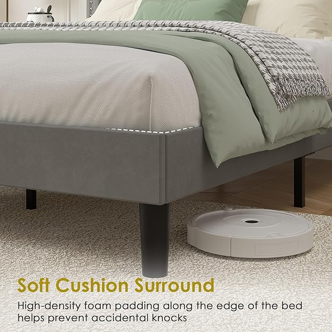VECELO Twin Size Platform Bed Frame with Height Adjustable Upholstered Headboard, Modern Mattress Foundation,Strong Wood Slat Support, No Box Spring Needed, Easy Assembly, Dark Grey
