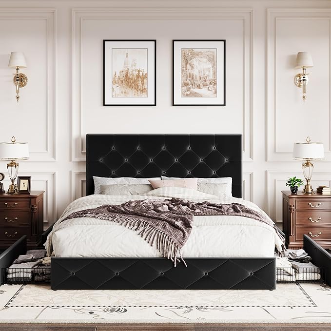 SHA CERLIN Full Size Platform Bed Frame with 4 Oversized Storage Drawers, Adjustable Headboard with Velvet Upholstery, Diamond Button Tufted Design, Wooden Slat Support, No Box Spring Needed, Black