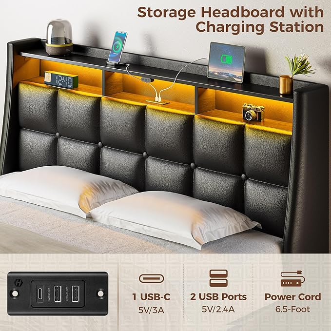 Rolanstar Full Size Bed Frame with LED Lights and Charging Station, PU Leather Bed Storage Headboard & Drawers, Heavy Duty Wood Slats, Easy Assembly, Black