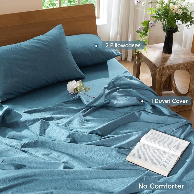 MooMee Bedding Duvet Cover Set 100% Washed Cotton Linen Like Textured Breathable Durable Soft Comfy (Heathered Peacock Blue, Full 80"x90")