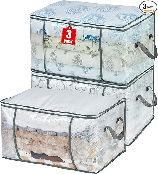 MKOKYD 80L Clear Large Storage Bag, Clothes Storage Containers for Organizing Closet, Bedroom, Underbed, Comforters, Clothing, Blankets, Pillow, Foldable Organizer with Sturdy Handle and Zippers (3)