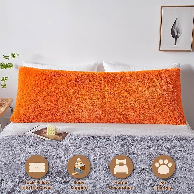 MEGO Luxury Fluffy Body Pillow Cover, 20x54 Shaggy Faux Fur Body Pillow Case, Soft Plush Fuzzy Body Pillowcase, Decorative Furry Long Bed Pillow with Zipper Closure Hug Pillow for Bedroom Orange