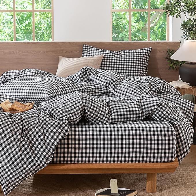 MooMee Gingham Duvet Cover Set 100% Washed Cotton Linen Like Textured Breathable Durable Soft Comfy Modern Checkered Design (Black White Gingham, Palatial King/Oversized King 120"x98")