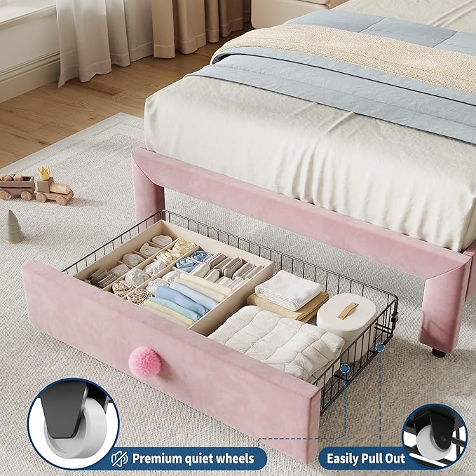 GarveeHome Upholstered Twin Bed Frame with Storage Drawer & Scallop Headboard, Princess Twin Size Platform Bed Frames for Kids Girls, Wooden Slats Support, No Box Spring Needed, Pink