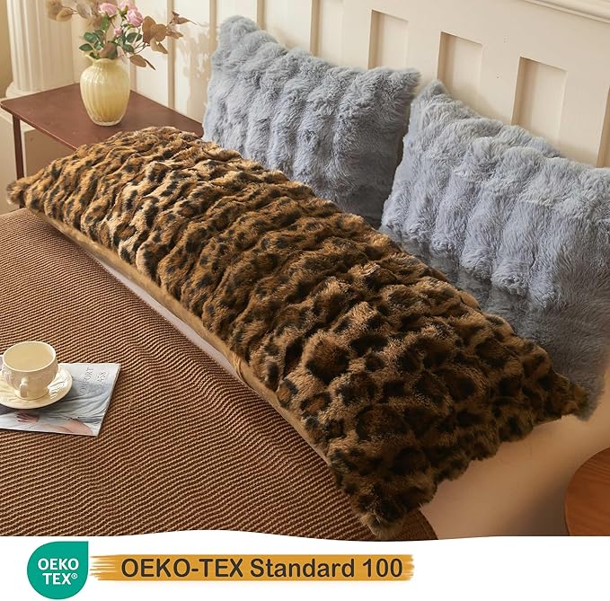 LIFEREVO Leopard Print Faux Rabbit Fur Body Pillow Cover 20 x 54, Cheetah Print Waffle Bubble Bed Pillowcase with Zipper, Long Fuzzy Furry Farmhouse Pillow Case for Pregnant Women Side Sleeper, Brown