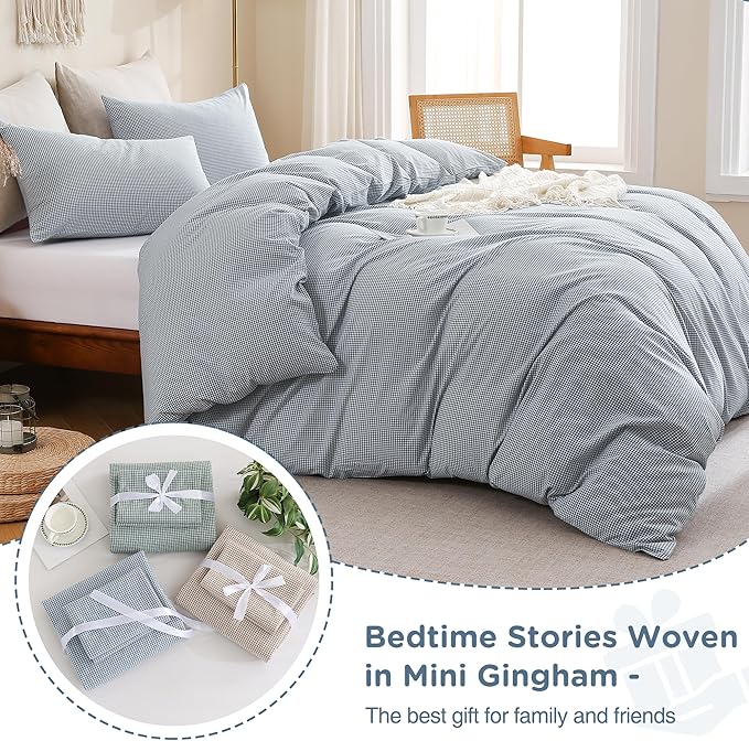 TOCOMOA Mini Gingham Blue Duvet Cover Bedding Set 100% Washed Cotton Like Linen Feel Super Soft Comfortable 3 Piece Small Plaid Checkered Comforter Cover Set (King 104"x90", Comforter Not Included)