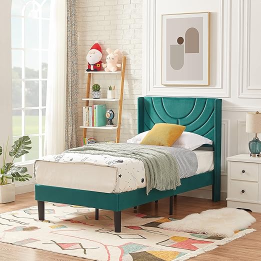 VECELO Upholstered Platform Twin Bed Frame with Fabric Headboard for Kids,Wooden Slats Support/No Box Spring Needed/Mattress Foundation,Dark Green
