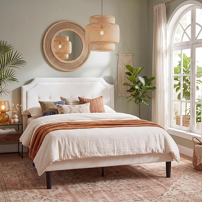 VECELO Queen Size Velvet Bed Frame with Headboard, Upholstered Platform Bedframe with Strong Wooden Slats, No Box Spring Needed, Easy Assembly,Off White