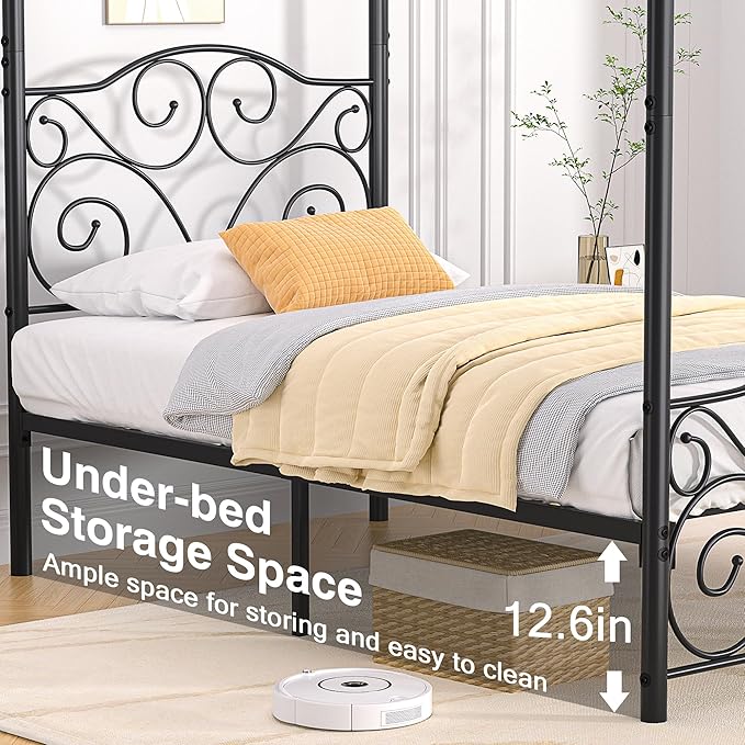 VECELO Metal Canopy Bed Frame Twin Size, 4 Posters Platform Mattress Foundation with Headboard, Heavy Duty Steel Slats Support, No Box Spring Needed, Black