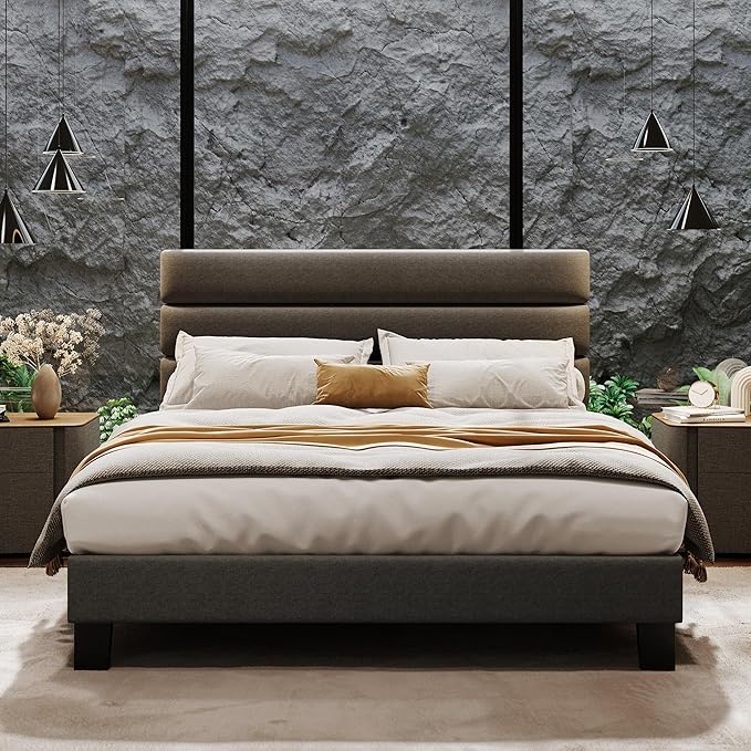 IDEALHOUSE Full Size Bed Frame with Adjustable Headboard, Fabric Upholstered and Wooden Slats Support, Heavy Duty Mattress Foundation, Platform Bed Frame No Box Spring Needed, Easy Assembly, Grey
