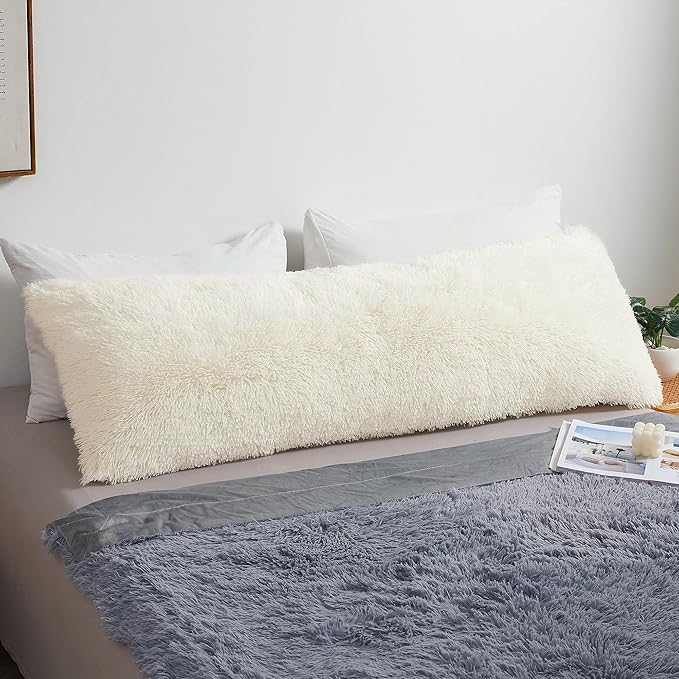 MEGO Fluffy Body Pillow Cover, 20x54 Shaggy Faux Fur Body Pillow Case, Ivory Comfy Plush Fuzzy Body Pillowcase, Furry Long Throw Bed Pillow Cover with Zipper for Adults Women Side Sleeper Cream Beige