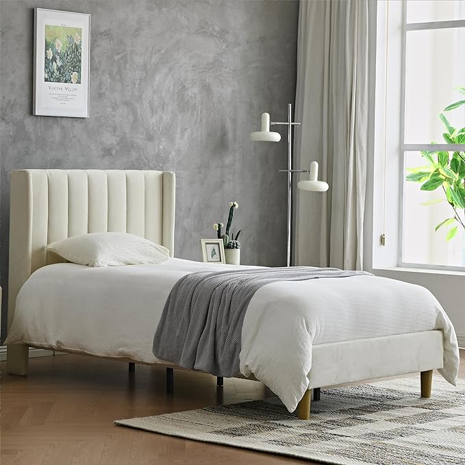 YUHUASHI upholstered Platform Bed Frame/Twin Bed Frame/Modern Geometric Double-Wing Design headboard/Velvet Fabric/Easy to Assemble no Noise (Cream, Twin)