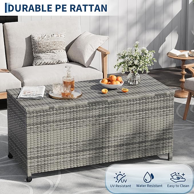 185 Gallon Outdoor Wicker Deck Box, All-Weather Waterproof Patio Storage with PE Rattan Finish & Steel Frame, for Cushions, Garden Tools, Pool Supplies, Lockable Brown Storage Box with Soft-Close Lid