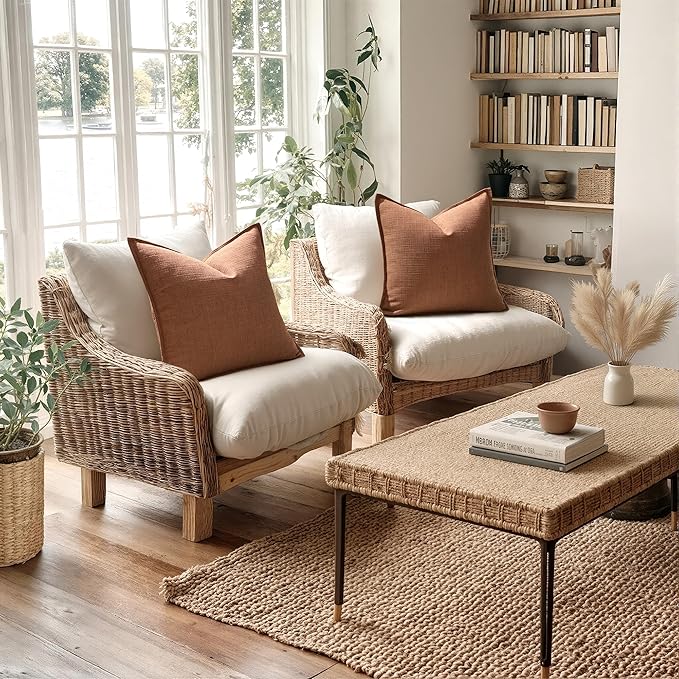 MIULEE Euro Sham Pillow Covers for Bed 24x24, 2 Pack Rust Terracotta Thick & Textured Decorative Throw Pillow Covers, Neutral Linen Cushion Cases, Modern Farmhouse Home Decor, No Filling
