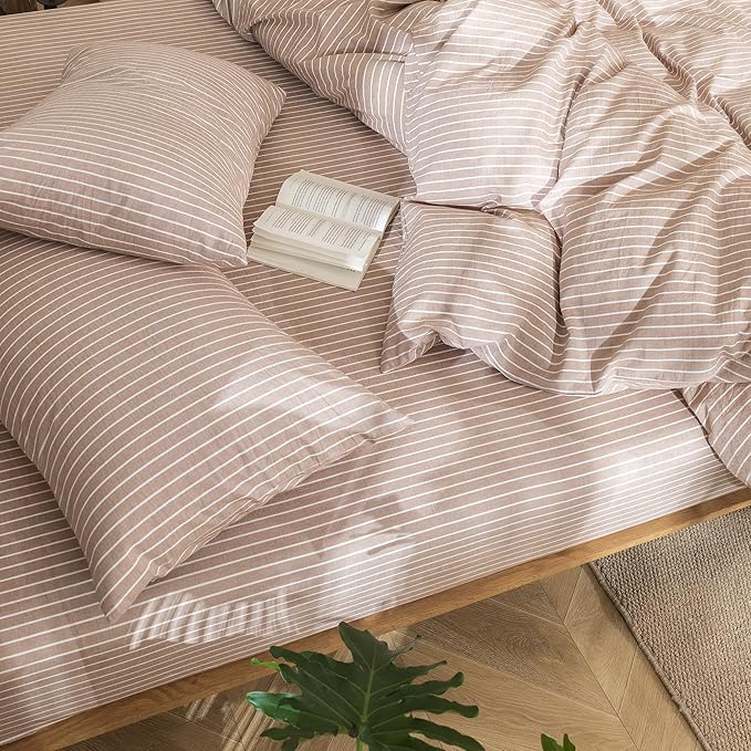 MooMee Striped Duvet Cover Set 100% Washed Cotton Linen Like Textured Breathable Durable Soft Comfy (Orange White Wide Stripes, King 104"x90")