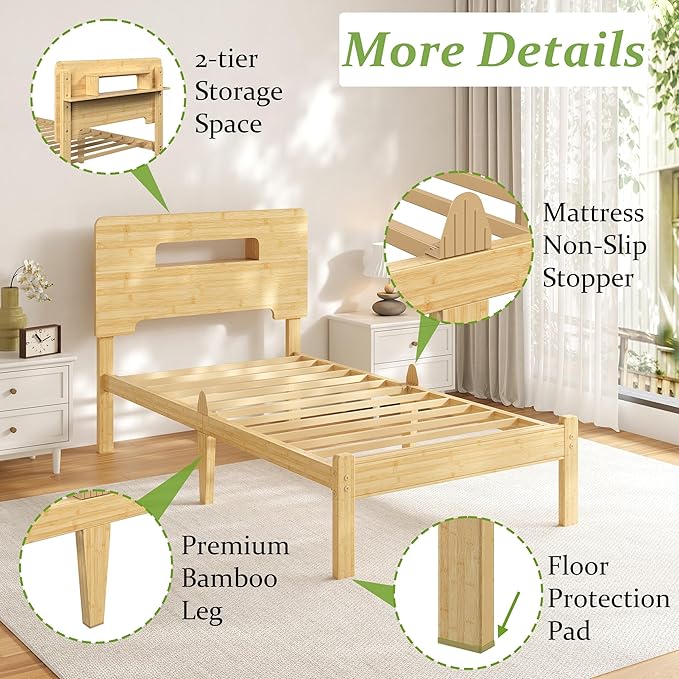 ZIYOO Twin XL Size Bamboo Bed Frame 12 Inch Height, Heavy-Duty Bed Base with Natural Bamboo Exterior & Metal Support Slats, Anti-Slip Platform Bed for Bedroom
