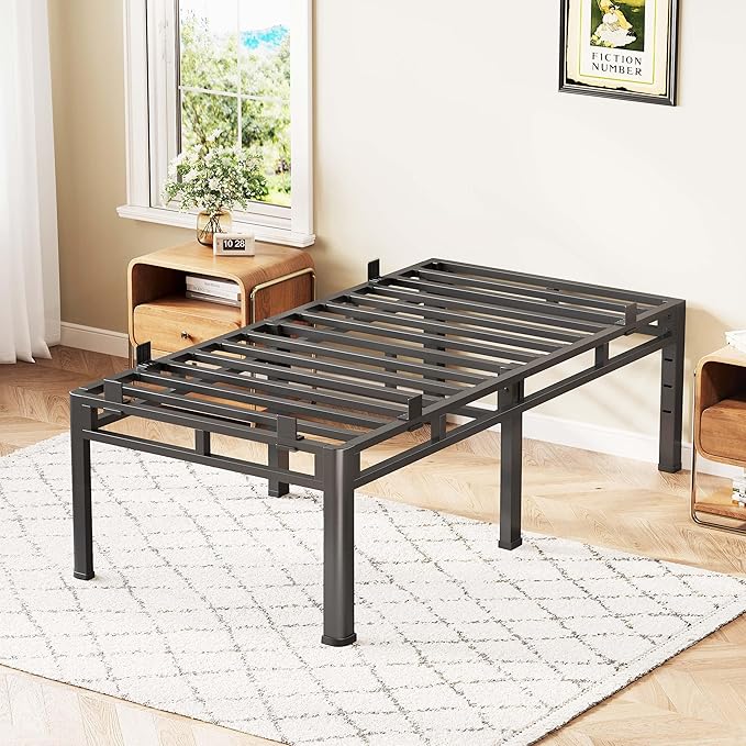 ROIL 22 Inch Twin Size Bed Frame, Metal Bed Frame & Box Spring 2 in 1 Platform with Round Corner Legs, 4000LBS Double Layer Bed Frame with Headboard Holes Mattress Baffles, Noise-Free Easy Assembly