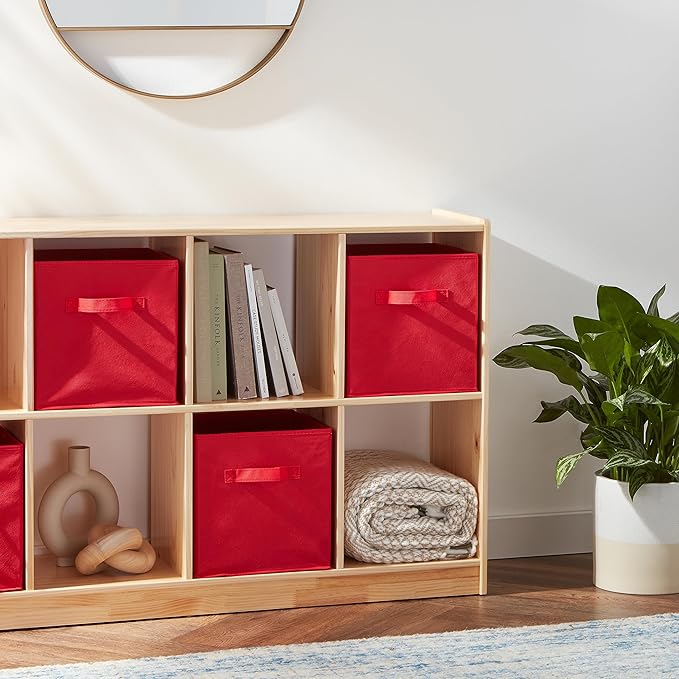 Amazon Basics Cube Organizer Storage Bins Handles, Collapsible Fabric, 10.5"x10.5"x11", Red (Pack of 30)