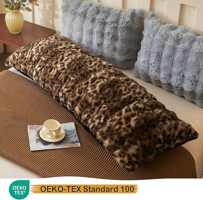 LIFEREVO Leopard Print Faux Rabbit Fur Body Pillow Cover, Cheetah Print Bubble 20 x 54 Bed Pillowcase with Zipper, Fuzzy Furry Farmhouse Long Pillow Case Pregnant Women Side Sleeper, Brown and Black