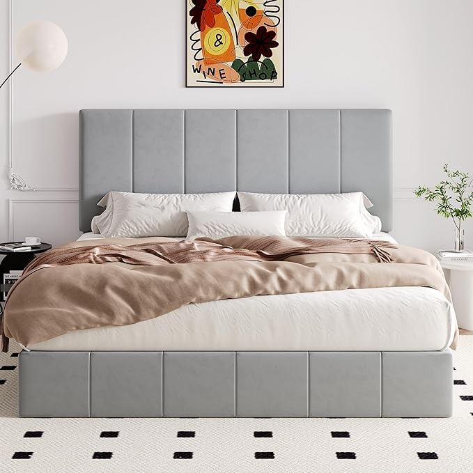 Allewie King Size Velvet Lift Up Storage Bed Frame, Vertical Channel Tufted Headboard, Hydrualic Underneath Storage, Upholstered Platform Bed, Wooden Slats Support, No Box Spring Needed, Gray