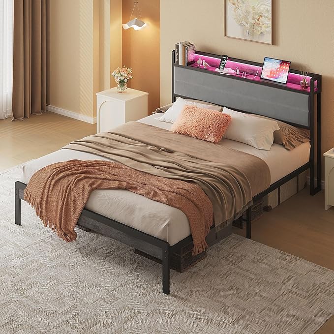 LIKIMIO Queen Bed Frame with Storage Headboard and LED Lights, Metal Platform Bed with Charging Station, Noise Free, No Box Spring Needed, Under Bed Storage, Charcoal Gray
