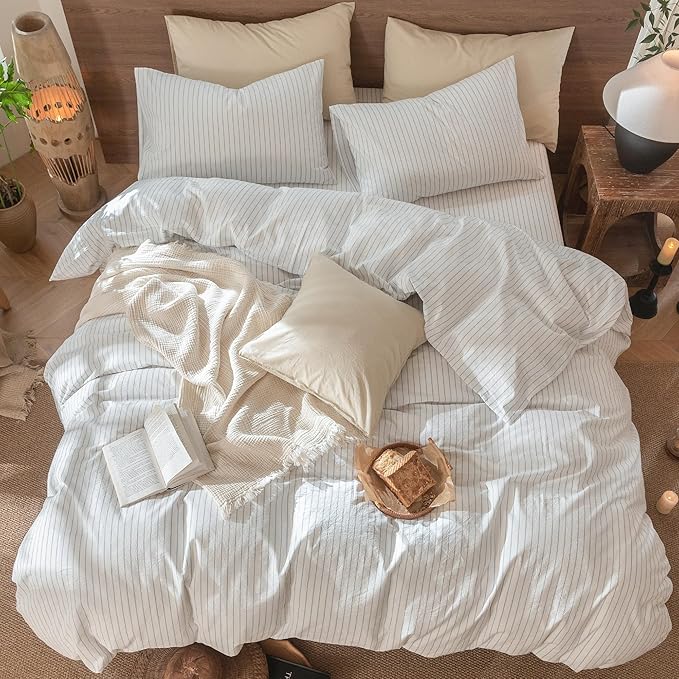 MooMee Striped Duvet Cover Set 100% Washed Cotton Linen Like Textured Breathable Durable Soft Comfy (White Cornflower Blue Wide Stripes, Alaska King 132"x120")