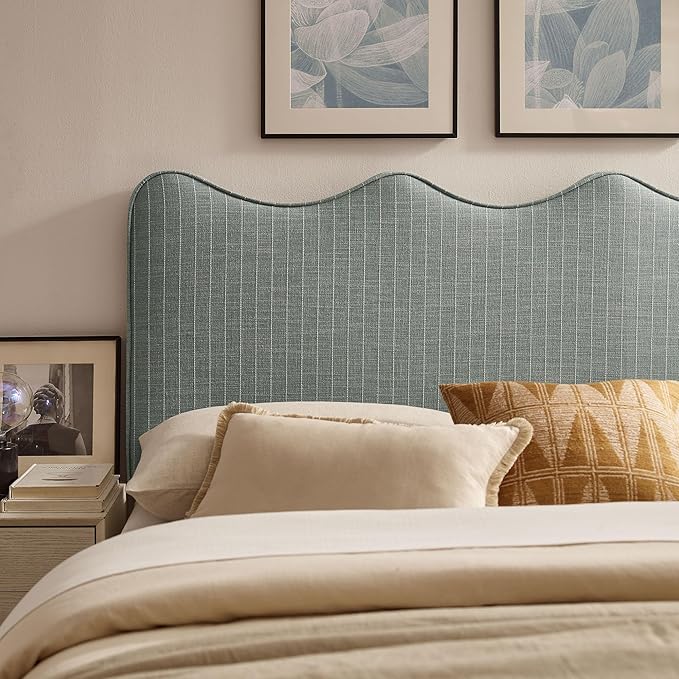 Monday Athena Striped Fabric Upholstered Queen Size Adjustable Headboard in Spa Blue Stripe - with Scalloped Wave Design and Soft Linen-Like Fabric
