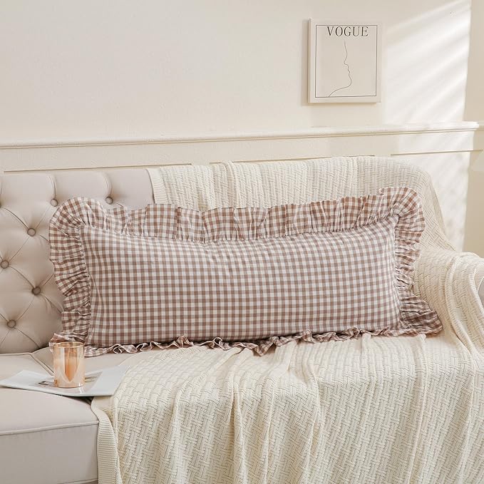 14x36 inches Taupe Plaid Ruffle Gingham Lumbar Throw Pillow Cover, Pure Cotton Decor Pillowcase French Country Vintage Fall Pillow Case for Bedding Couch