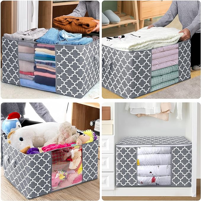 WISELIFE Storage Bags, Large Blanket Clothes Organization and Storage Containers for Bedding, Comforters, Foldable Organizer with Reinforced Handle, Clear Window,Sturdy Zippers,(Light Grey, 6 x 100L)