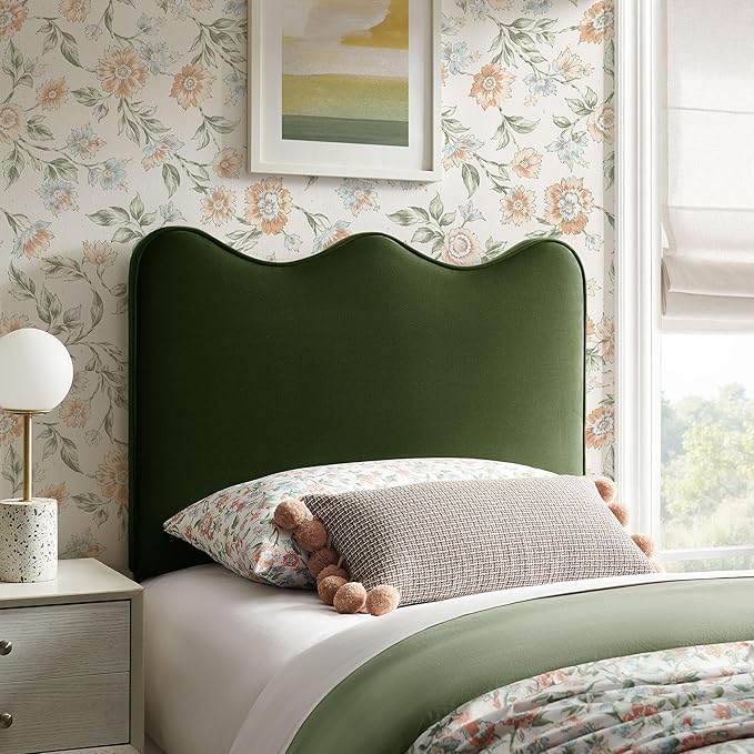 Monday Athena Twin Size Performance Velvet Adjustable Headboard in Moss Green - with Scalloped Wave Design and Stain-Resistant Velvet Upholstery