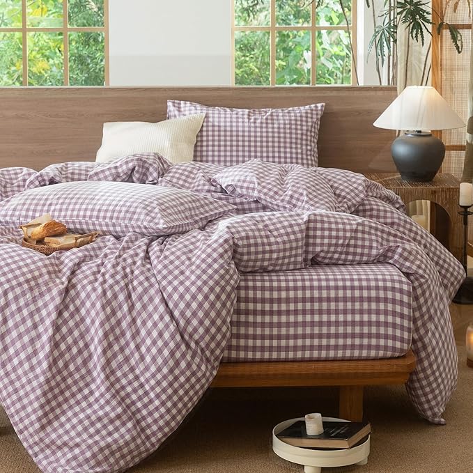 MooMee Gingham Duvet Cover Set 100% Washed Cotton Linen Like Textured Breathable Durable Soft Comfy Modern Checkered Design (Classic Gingham Light Purple, Queen 90"x90")
