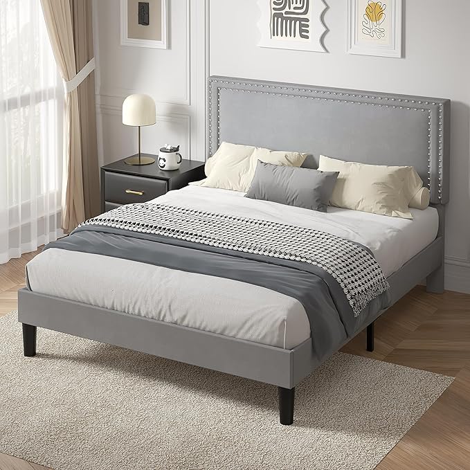 VECELO Queen Size Platform Bed Frame with Height Adjustable Upholstered Headboard, Modern Mattress Foundation,Strong Wood Slat Support, No Box Spring Needed, Easy Assembly,Light Grey