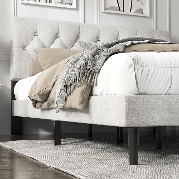 HAOARA King Size Platform Bed Frame with Upholstered Button Tufted Headboard, Mattress Foundation with Wooden Slat Support, Noise Free, No Box Spring Needed, Easy Assembly, Light Grey