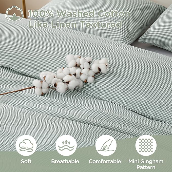 TOCOMOA Mini Gingham Green Duvet Cover Bedding Set 100% Washed Cotton Like Linen Feel Super Soft Comfortable 3 Piece Small Plaid Checkered Comforter Cover Set (King 104"x90", Comforter Not Included)