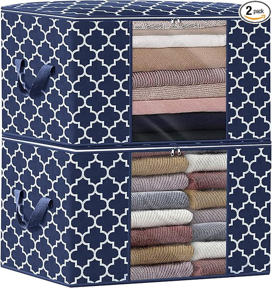 WISELIFE Storage Bags, Large Blanket Clothes Organization and Storage Containers for Bedding, Comforters, Foldable Organizer with Reinforced Handle, Clear Window,Sturdy Zippers,(Blue, 2 x 100L)