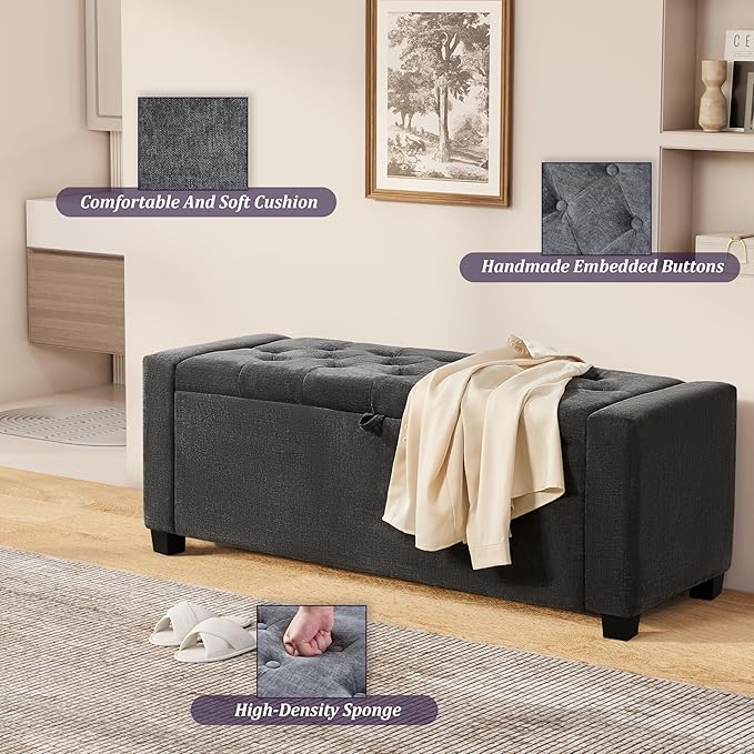 Royal Windsor Ottoman with Storage,Tufted Storage Bench with Safety Hinge,Holds up to 350 lb,Upholstered Bench with Seating for Bedroom, Living Room,Entryway,Linen Dark Gray