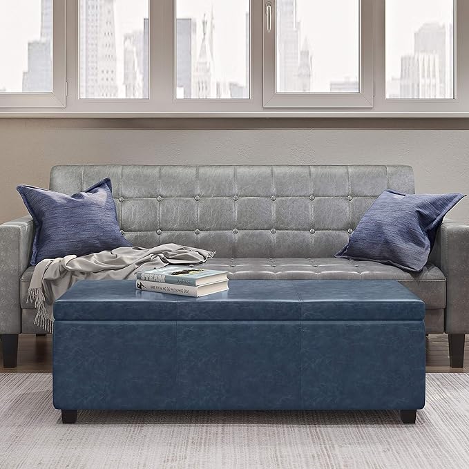 SIMPLIHOME Avalon Storage Ottoman Bench - 48" Wide x 16" High Upholstered Vegan Leather Rectangular Lift-Top Ottoman in Denim Blue, Contemporary Storage Bench for Living Room with High-Density Foam