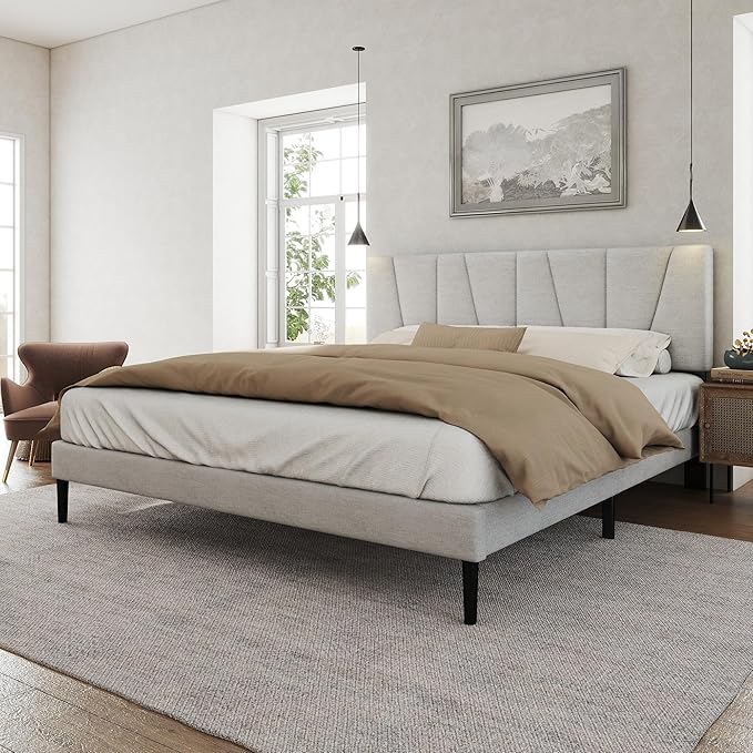 HAOARA Queen Size Bed Frame with Fabric Upholstered Headboard, Platform Bed with Wooden Slats Support, Fully Mattress Foundation, Box Spring Optional, Easy Assembly, Light Grey