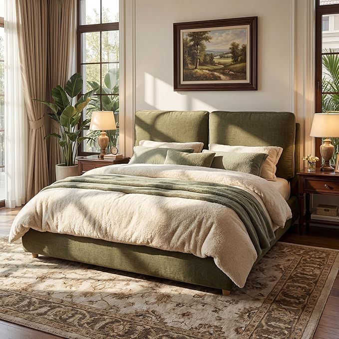 Merax King Size Boucle Fabric Upholstered Platform Bed with Two Removable Pillow Headboard, Wood Bed Frame with Solid Round Legs for Kids Teens Adults, Olive Green