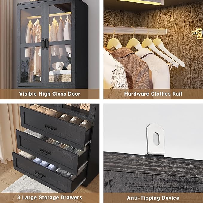 Hlivelood 75" Tall Farmhouse 8 Doors Armoire Wardrobe Closet with 6 Drawers and LED,Freestanding Closet Wardrobe Cabinet for Bedroom with Hanging Rod,Wooden Armoire Storage Cabinet(Black 8 Doors)