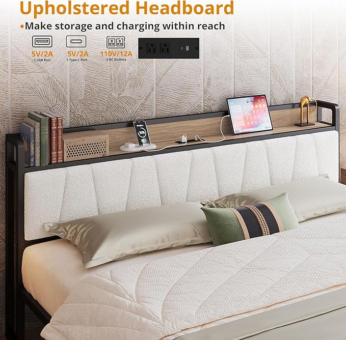 LIKIMIO California King Size Bed Frame, Storage Headboard with Charging Station, Platform Bed with Drawers, No Box Spring Needed, Easy Assembly, Wood and Cream
