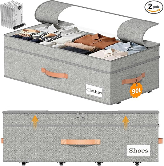 TOSKING 2-Pack Under Bed Storage Drawers with Wheels, 6 Vacuum Bags, Adjustable Height 7.9-10.2", Large 90L/80 lbs Clear Lid, 900D Oxford, Space Saver for Dorm Bedroom, Blankets, Clothes, Shoes, Gray