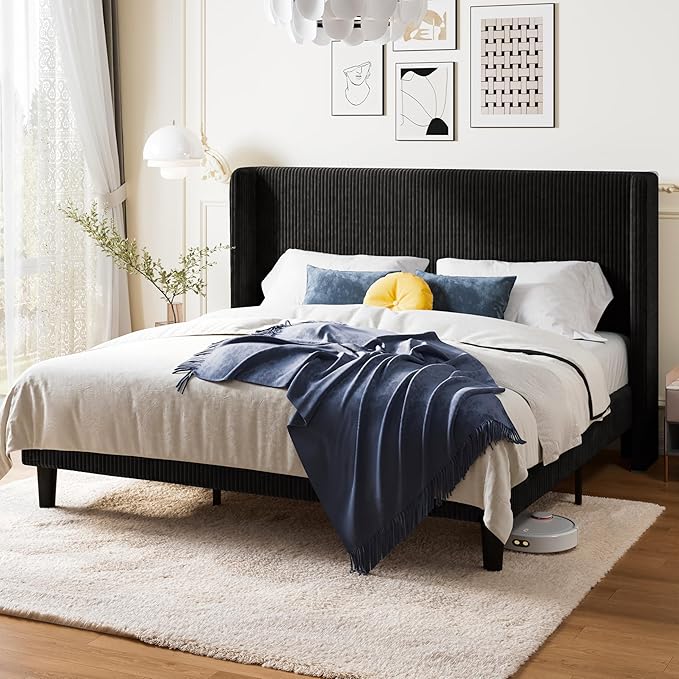 Allewie King Size Bed Frame with Upholstered Wingback Headboard, Vertical Channel Tufted Corduroy Velvet Platform Bed, Strong Wooden Slats Support, No Box Spring Needed, Easy Assembly, Black