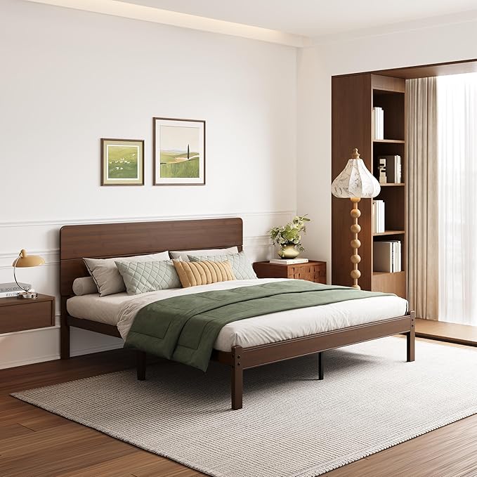BOSRII 14in High Solid Bamboo Wood Platform King Size Bed Frame with Headboard, Reinforced Heavy Duty Metal Slats, Noise Free, No Box Spring Needed, Easy Assembly, Walnut