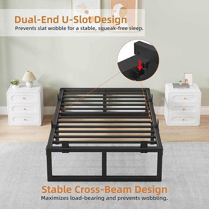 Twin XL Bed Frame, 18 Inch Metal Platform Bed Frames with Squeak Free U-Slot Design, 6 Non-Slip Guards, 3500lbs Heavy Duty Steel Slat Support, No Box Spring Needed, Under Bed Storage, Black