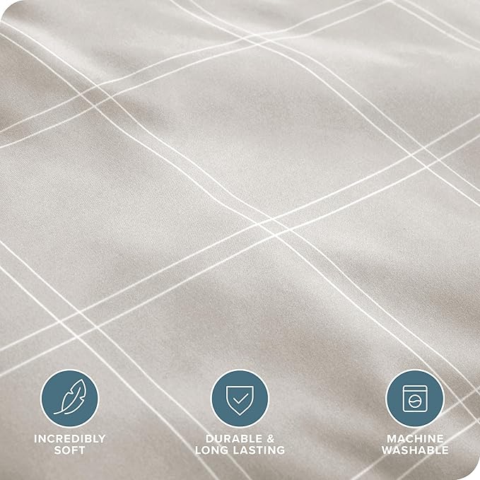Bare Home Duvet Cover - Oversized Queen Size Bedding Set - Premium 1800 Super Soft Collection - Lightweight, Cooling - Soft Breathable Duvet Cover (Oversized Queen, Modern Plaid - Stone/White)