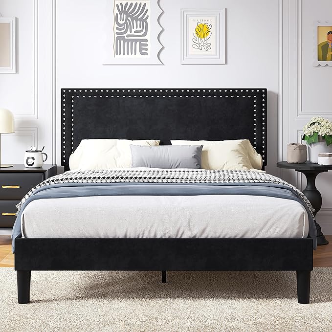 VECELO Queen Size Platform Bed Frame with Height Adjustable Upholstered Headboard, Modern Mattress Foundation,Strong Wood Slat Support, No Box Spring Needed, Easy Assembly,Black